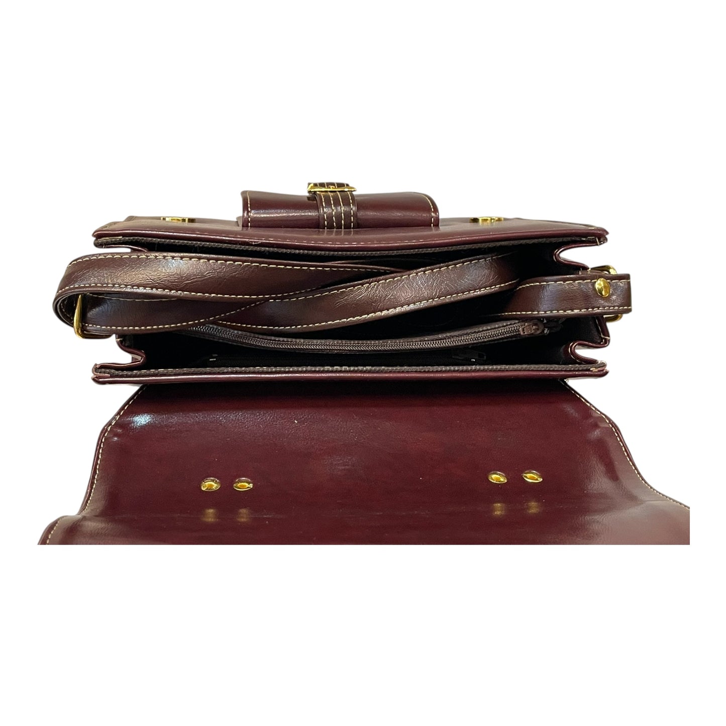 Handmade Vegan Leather Satchel Bag – Deep Brown with Gold Buckle (21x14x9 cm)