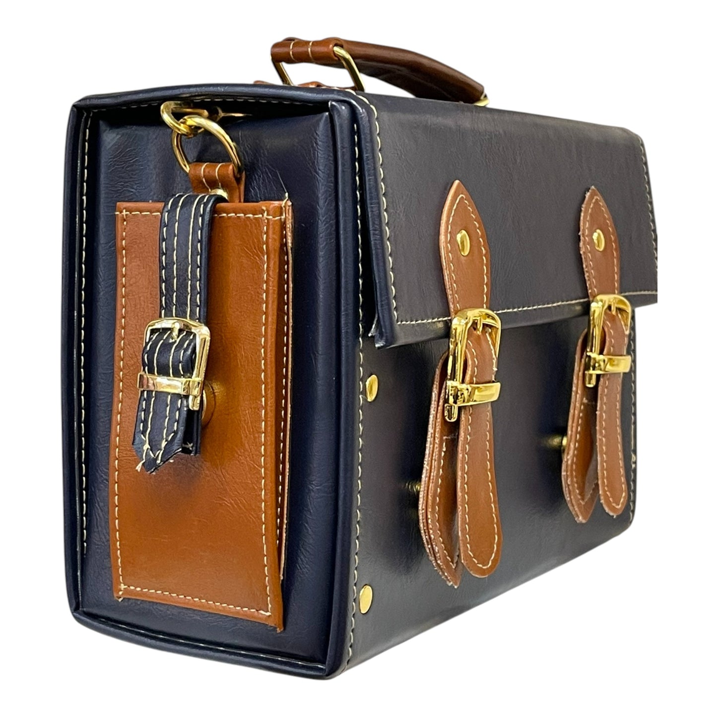 Handmade French Vegan Leather Handbag – Navy Blue & Caramel Brown Satchel (25×18×11 cm)