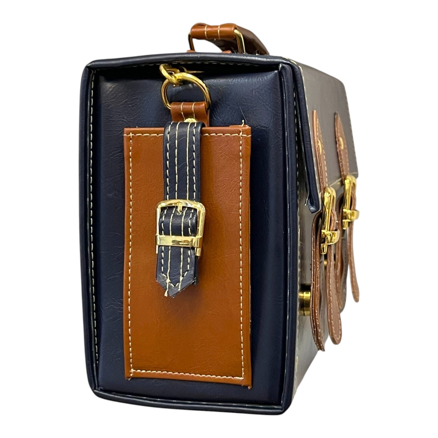 Handmade French Vegan Leather Handbag – Navy Blue & Caramel Brown Satchel (25×18×11 cm)