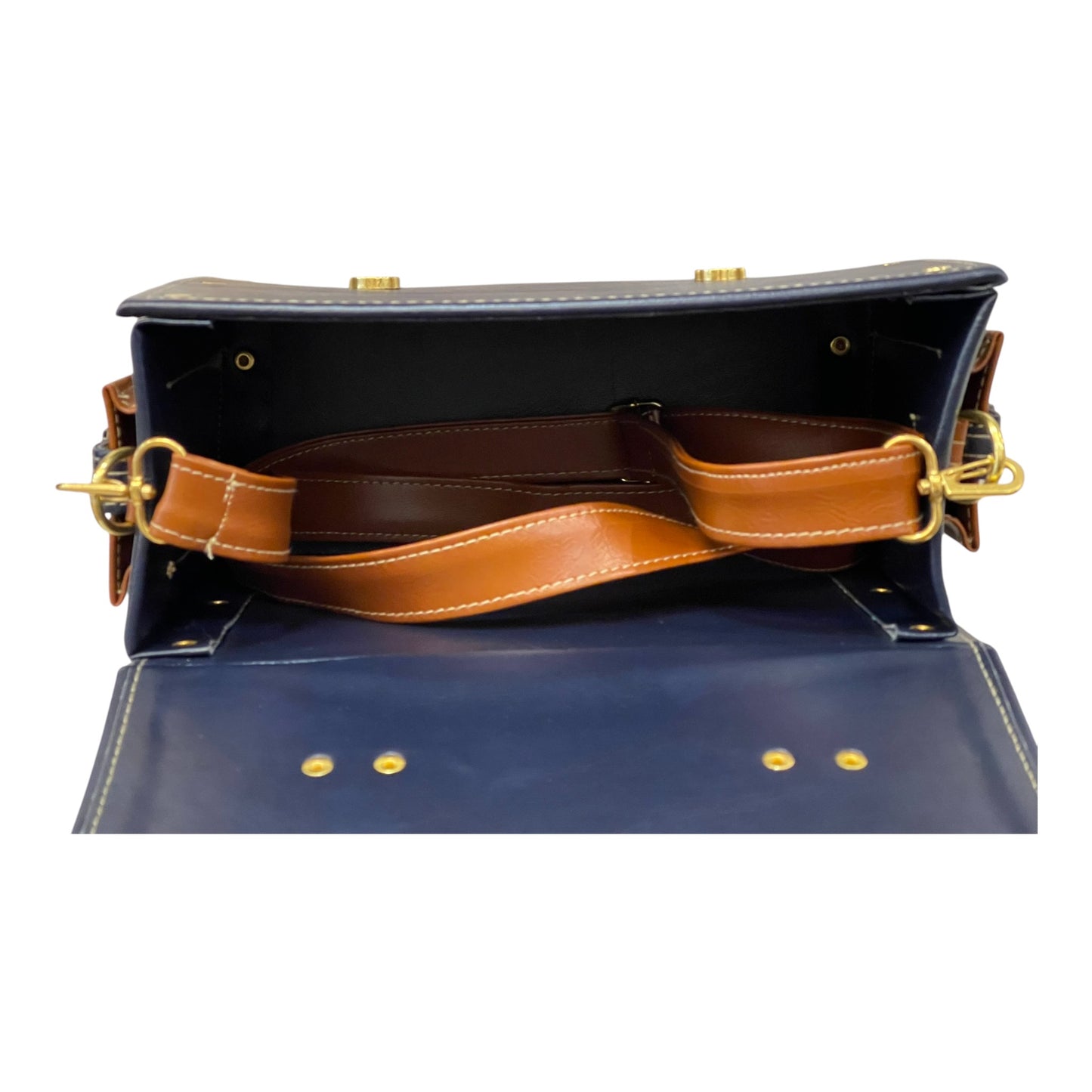 Handmade French Vegan Leather Handbag – Navy Blue & Caramel Brown Satchel (25×18×11 cm)