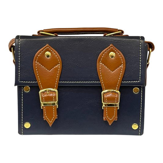 Handmade Vegan Leather Box Bag – Navy Blue & Caramel Brown with Gold Hardware (21x14x9 cm) (Copy)