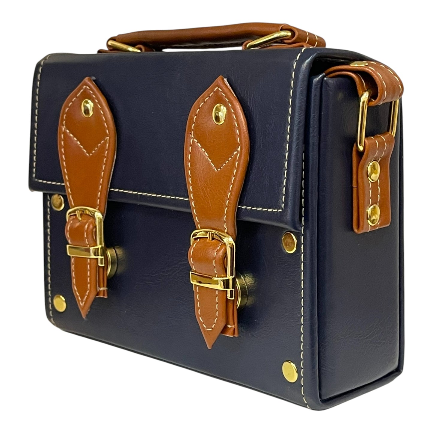Handmade Vegan Leather Box Bag – Navy Blue & Caramel Brown with Gold Hardware (21x14x9 cm) (Copy)