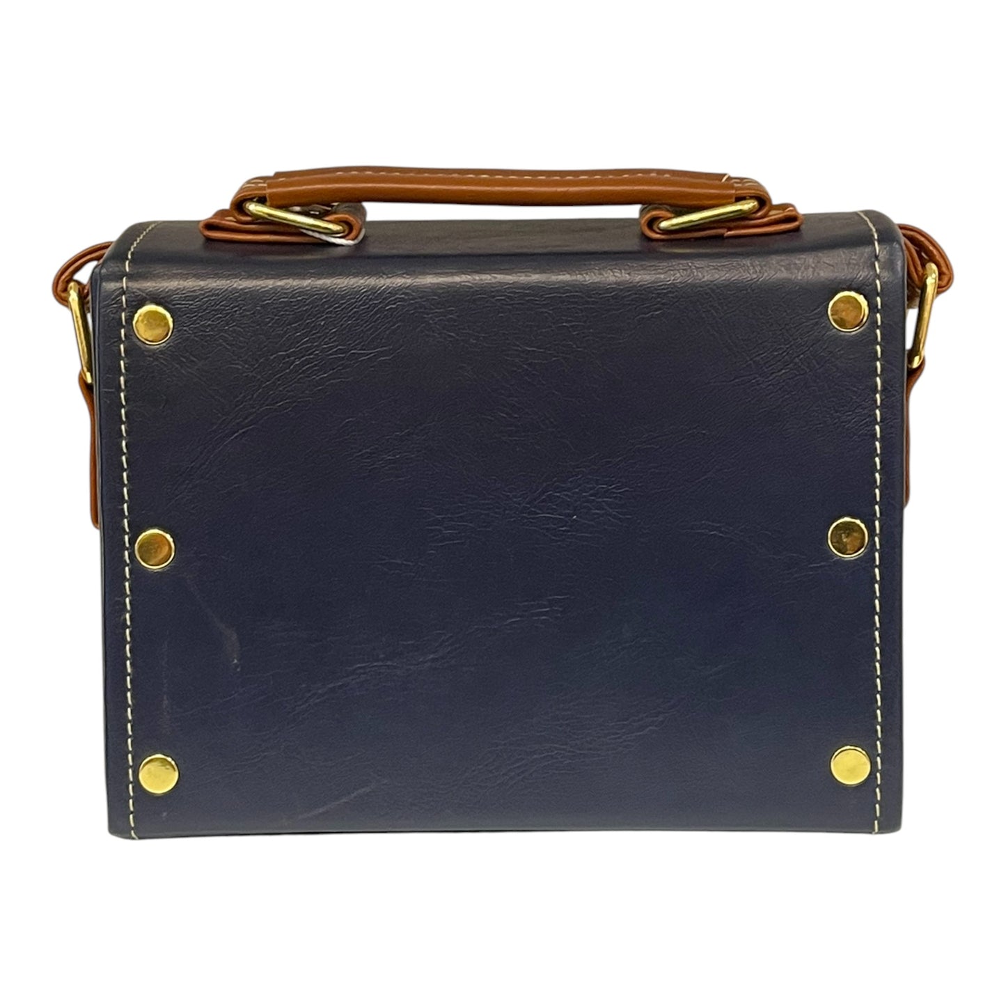 Handmade Vegan Leather Box Bag – Navy Blue & Caramel Brown with Gold Hardware (21x14x9 cm) (Copy)