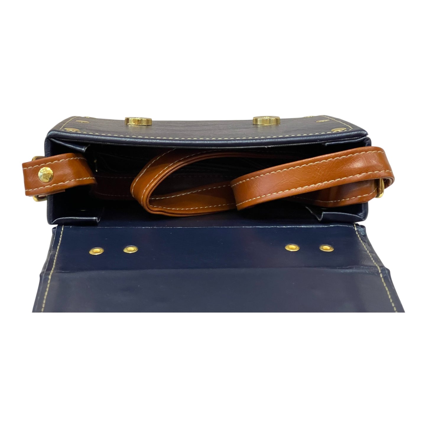 Handmade Vegan Leather Box Bag – Navy Blue & Caramel Brown with Gold Hardware (21x14x9 cm) (Copy)
