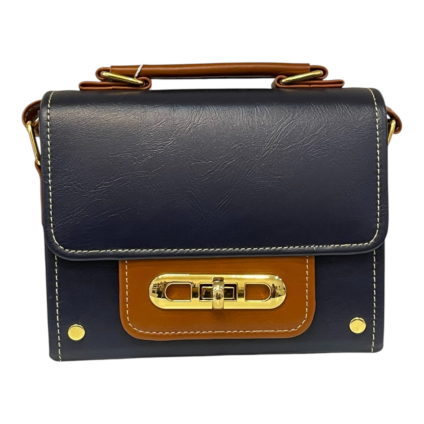Handmade Vegan Leather Crossbody Bag – Navy Blue & Tan with Gold Twist Lock (21x14x9 cm)