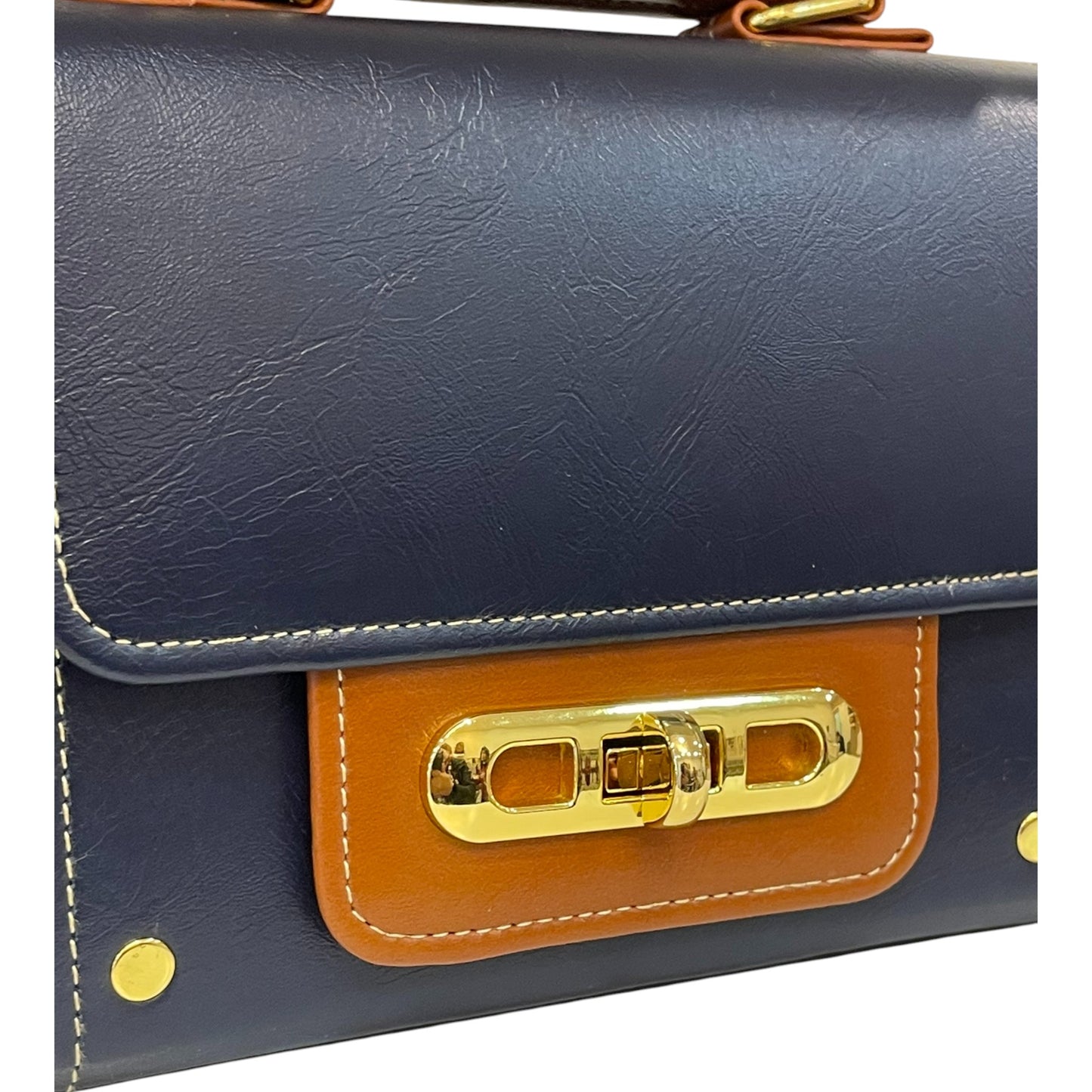 Handmade Vegan Leather Crossbody Bag – Navy Blue & Tan with Gold Twist Lock (21x14x9 cm)