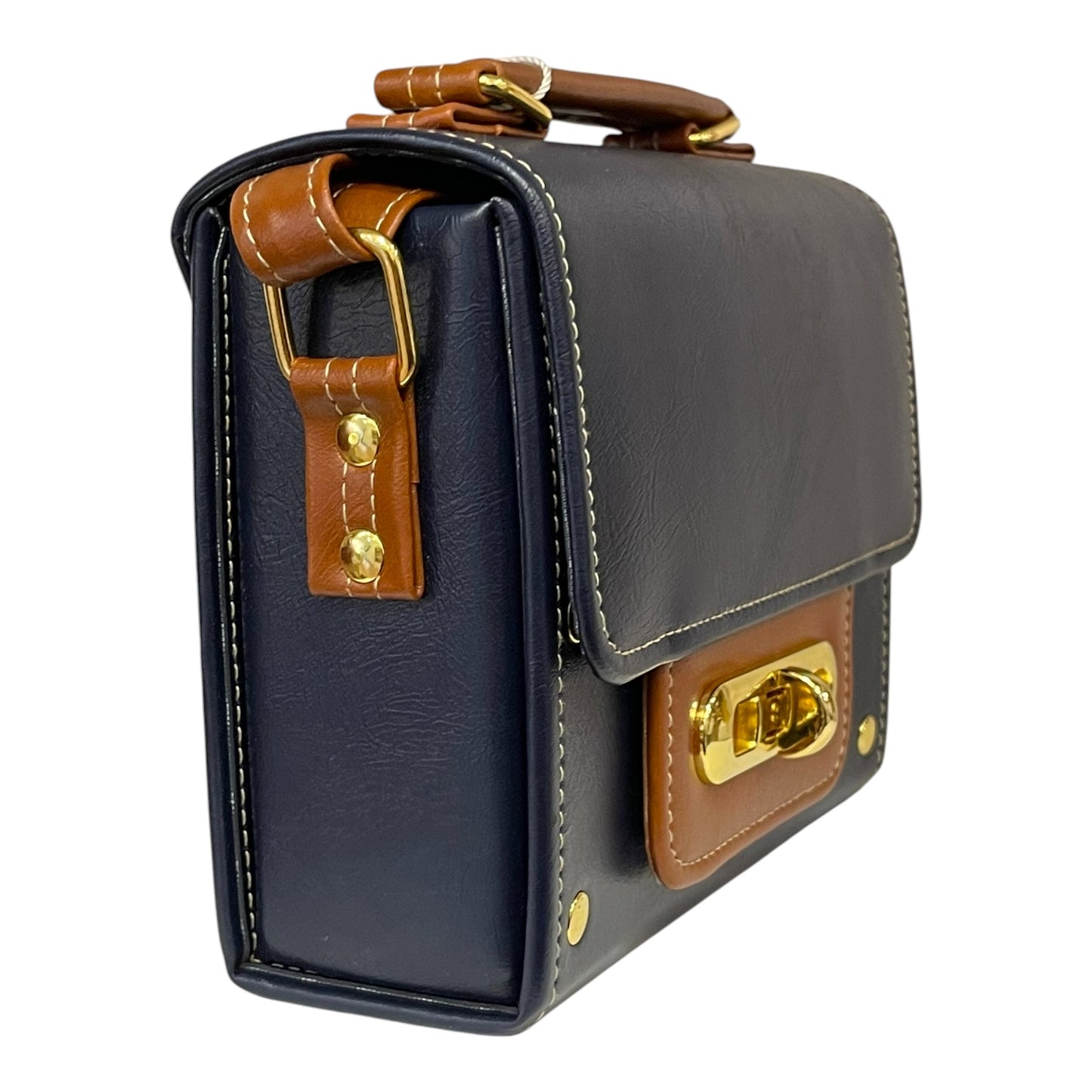 Handmade Vegan Leather Crossbody Bag – Navy Blue & Tan with Gold Twist Lock (21x14x9 cm)