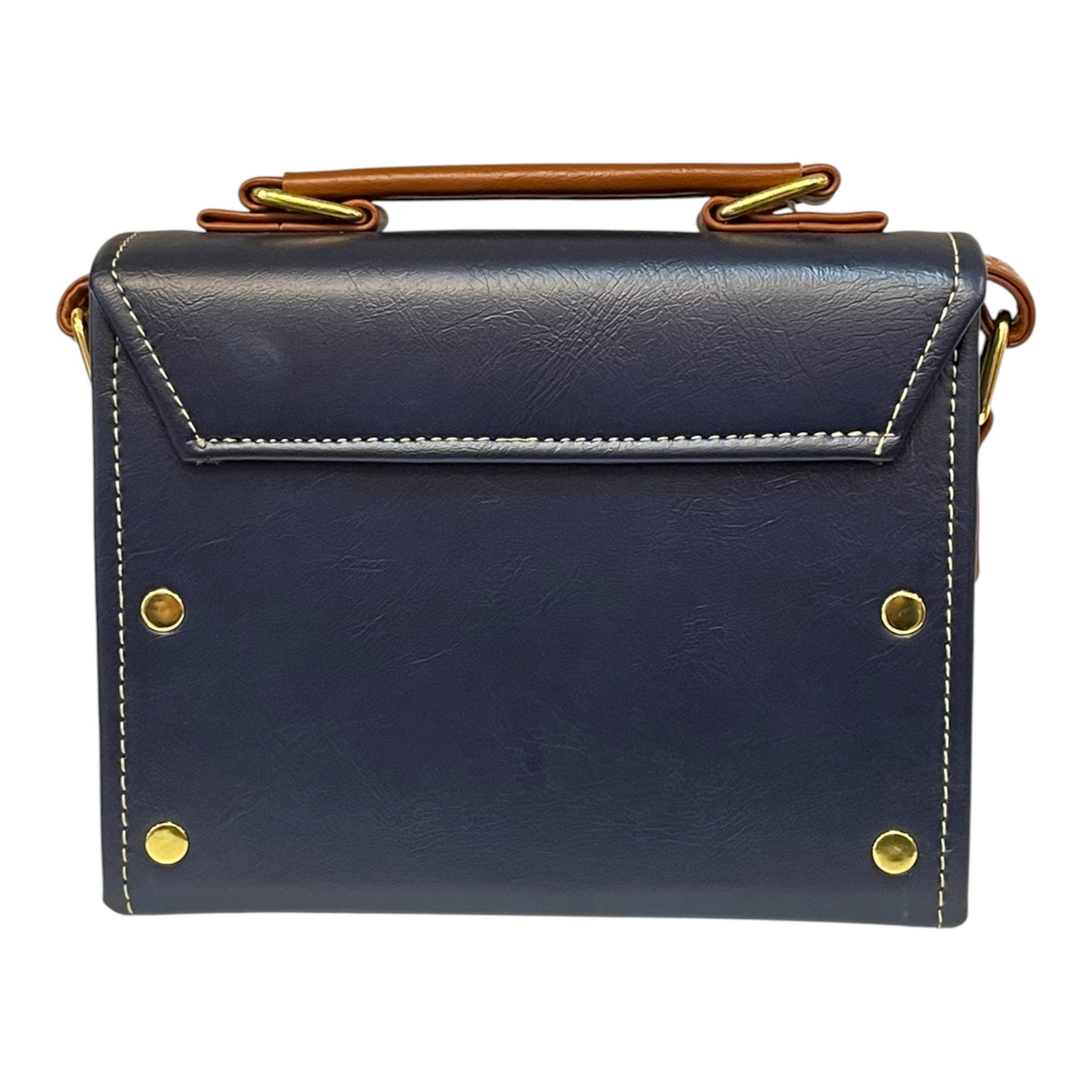Handmade Vegan Leather Crossbody Bag – Navy Blue & Tan with Gold