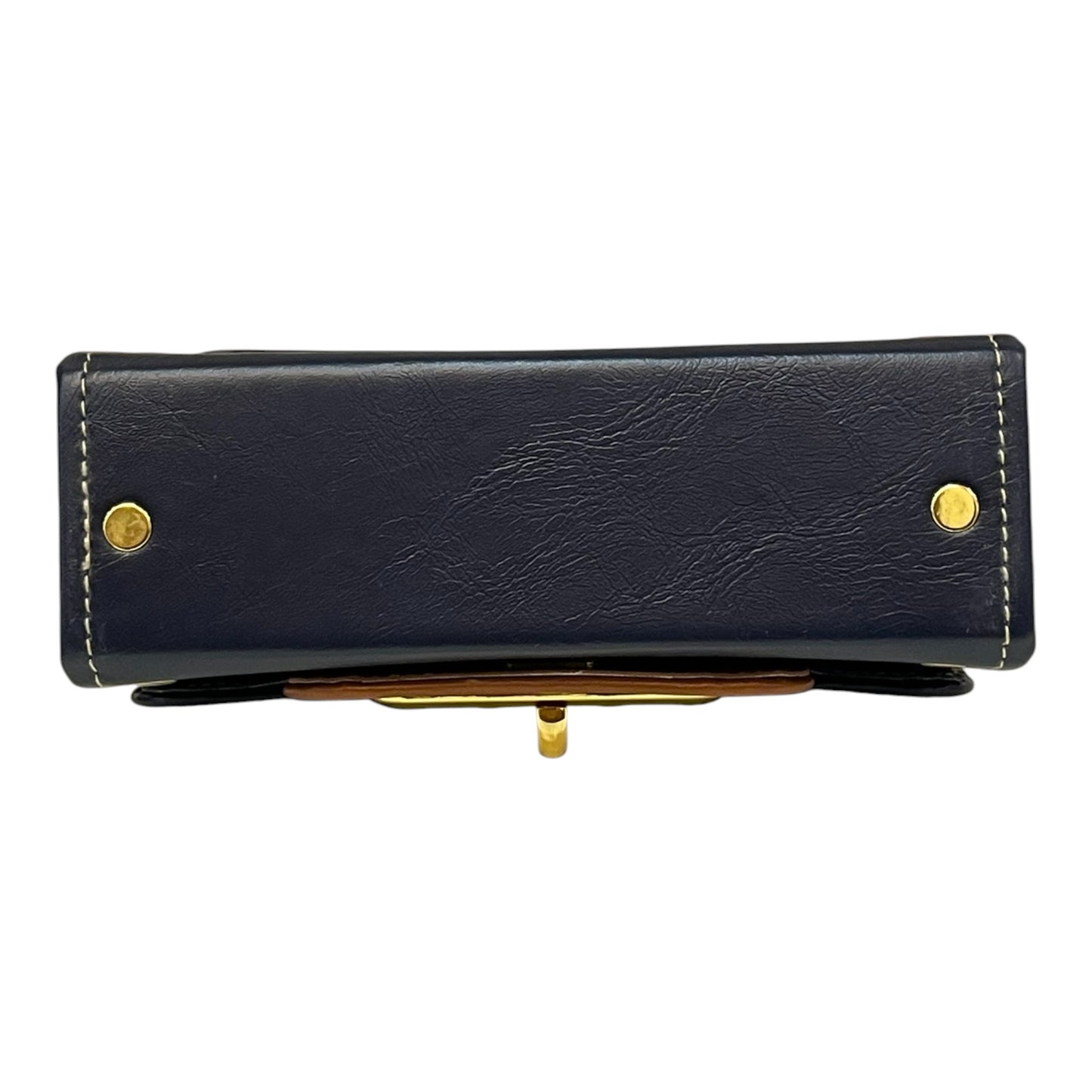 Handmade Vegan Leather Crossbody Bag – Navy Blue & Tan with Gold Twist Lock (21x14x9 cm)