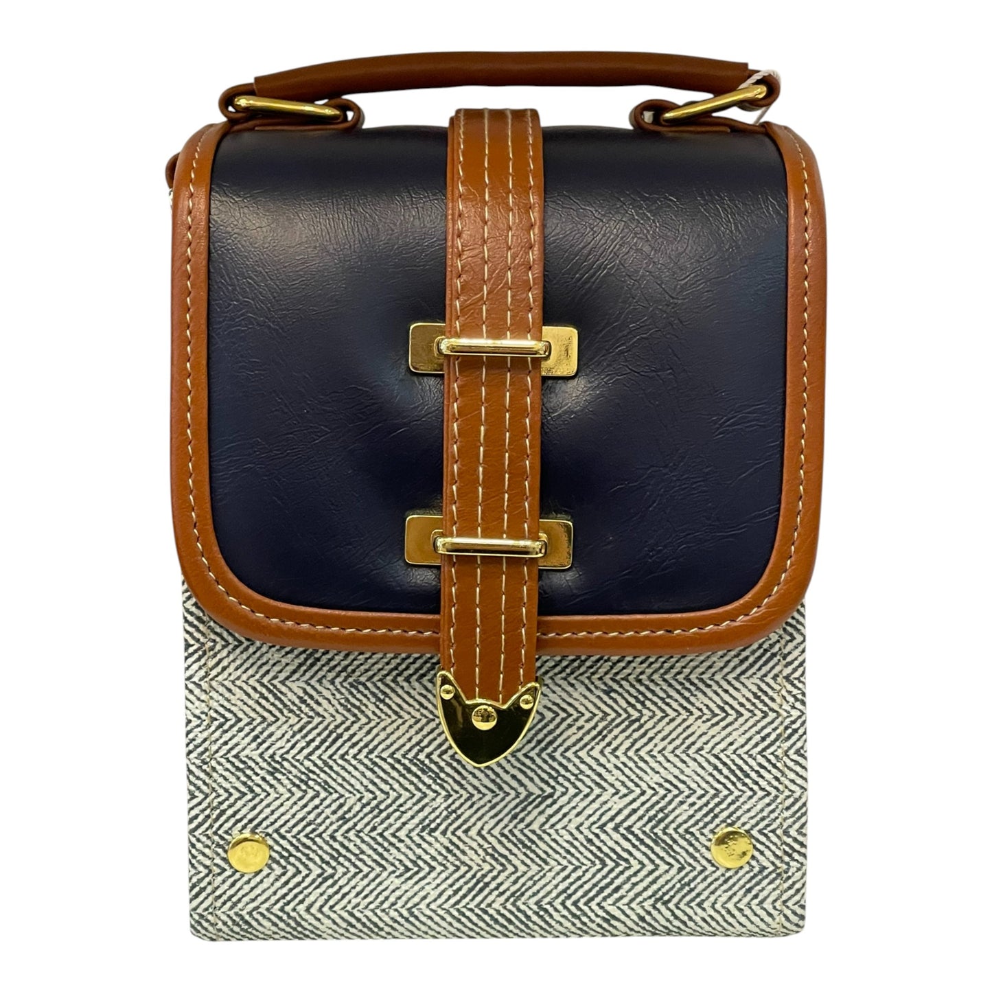 Handmade Vegan Leather & Tweed Crossbody Bag – Navy, Brown & Cream | 16x13x9 cm