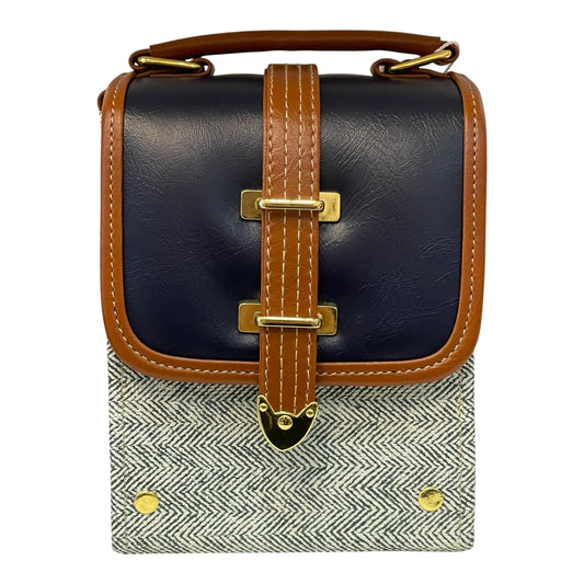 Handmade Vegan Leather & Tweed Crossbody Bag – Navy, Brown & Cream | 16x13x9 cm