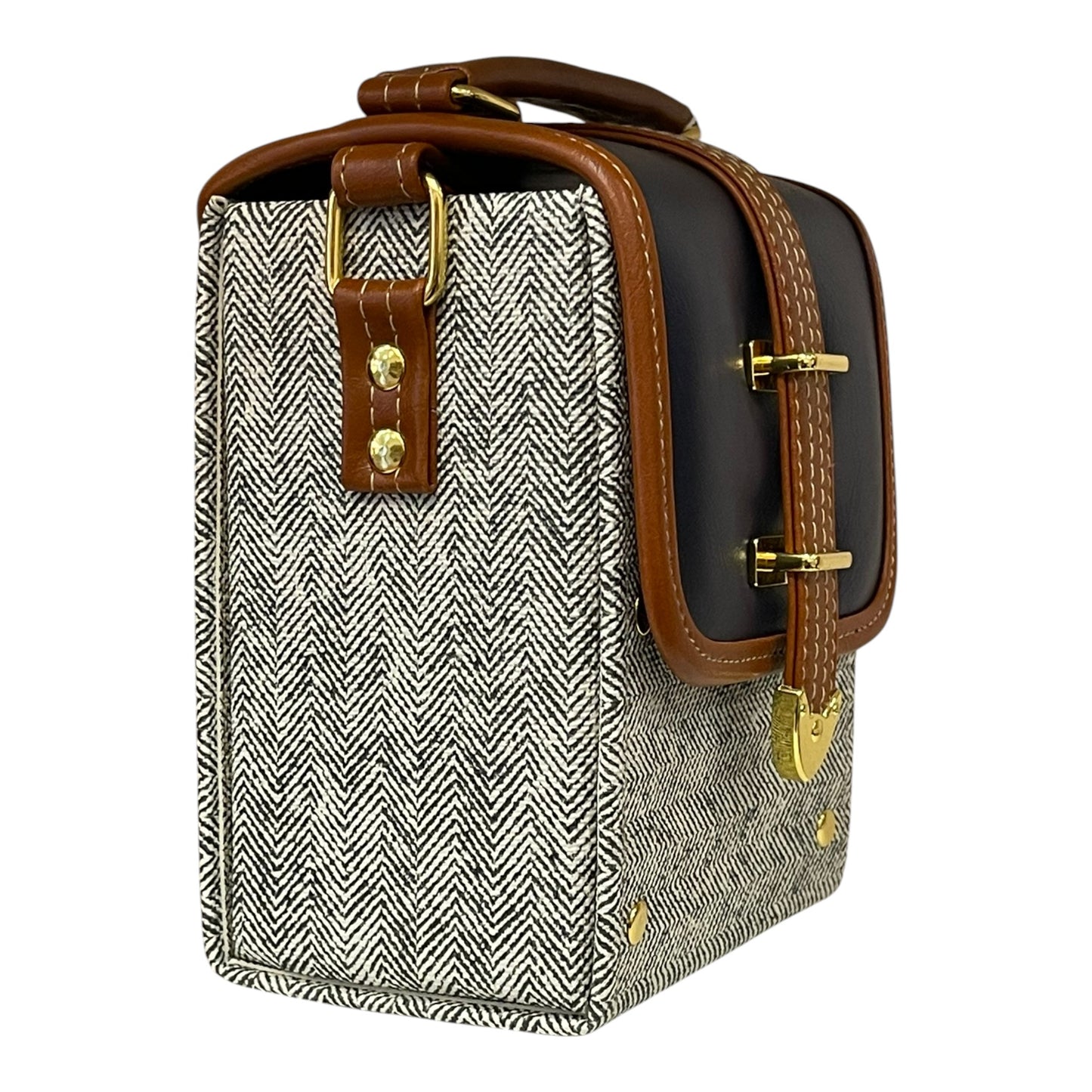 Handmade Vegan Leather & Tweed Crossbody Bag – Navy, Brown & Cream | 16x13x9 cm