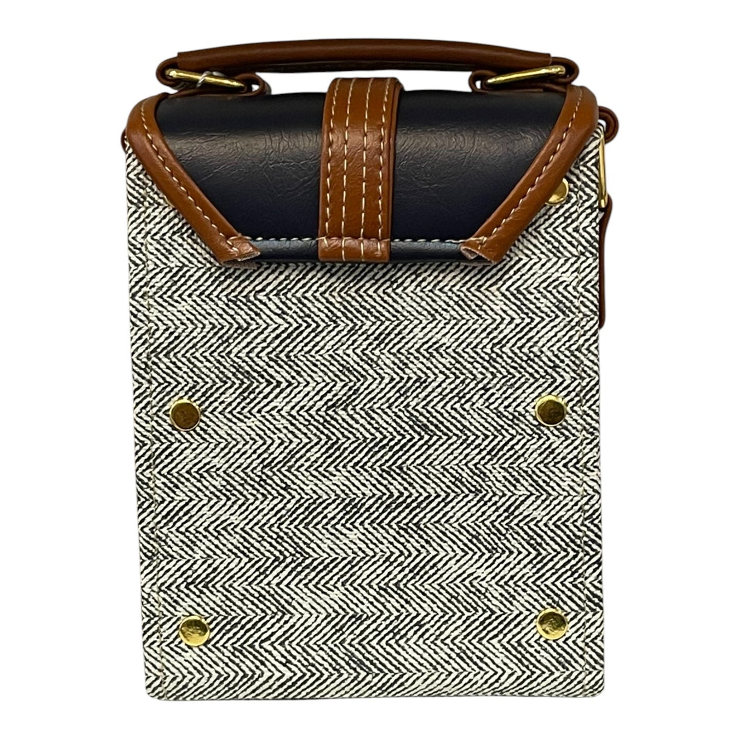 Handmade Vegan Leather & Tweed Crossbody Bag – Navy, Brown & Cream | 16x13x9 cm