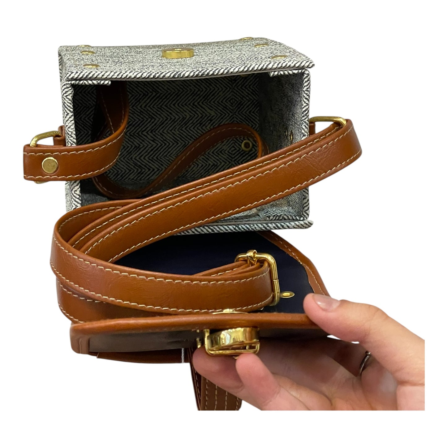 Handmade Vegan Leather & Tweed Crossbody Bag – Navy, Brown & Cream | 16x13x9 cm