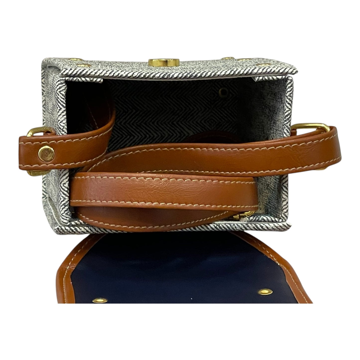 Handmade Vegan Leather & Tweed Crossbody Bag – Navy, Brown & Cream | 16x13x9 cm