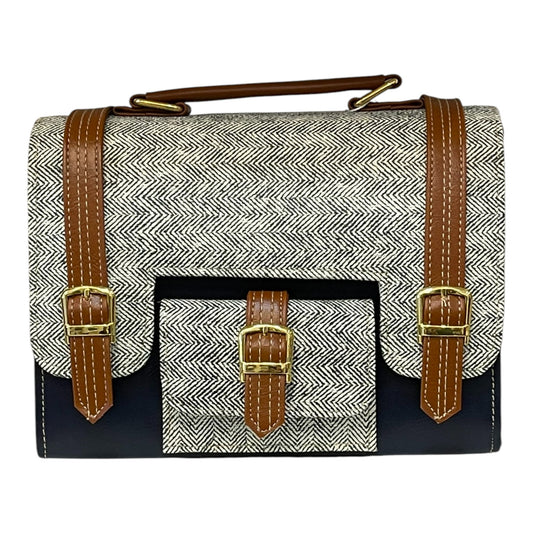 Handmade Vegan Leather & Herringbone Canvas Satchel – Classic Navy & Tan (23x17x10 cm)