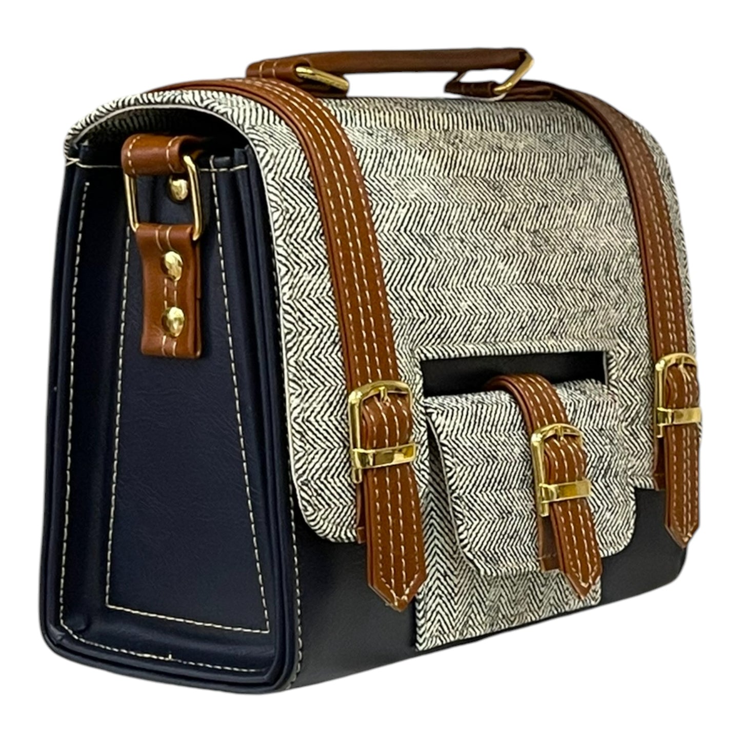 Handmade Vegan Leather & Herringbone Canvas Satchel – Classic Navy & Tan (23x17x10 cm)