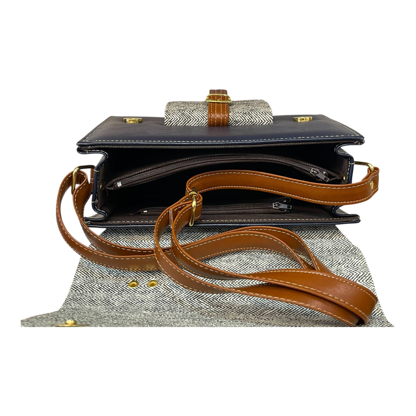 Handmade Vegan Leather & Herringbone Canvas Satchel – Classic Navy & Tan (23x17x10 cm)