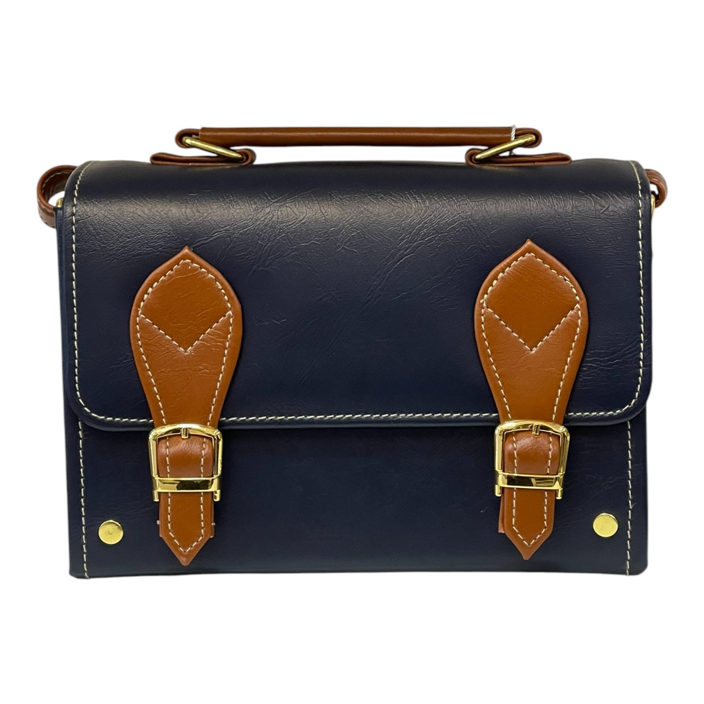 Handmade Vegan Leather Box Bag – Navy Blue & Caramel Brown with Gold Hardware (21x14x9 cm)