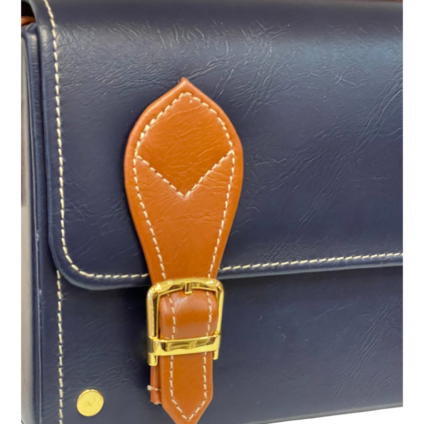 Handmade Vegan Leather Box Bag – Navy Blue & Caramel Brown with Gold Hardware (21x14x9 cm)