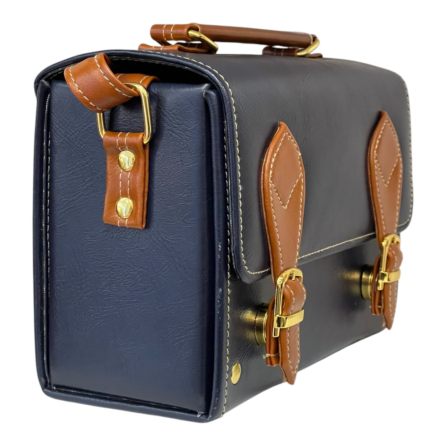 Handmade Vegan Leather Box Bag – Navy Blue & Caramel Brown with Gold Hardware (21x14x9 cm)