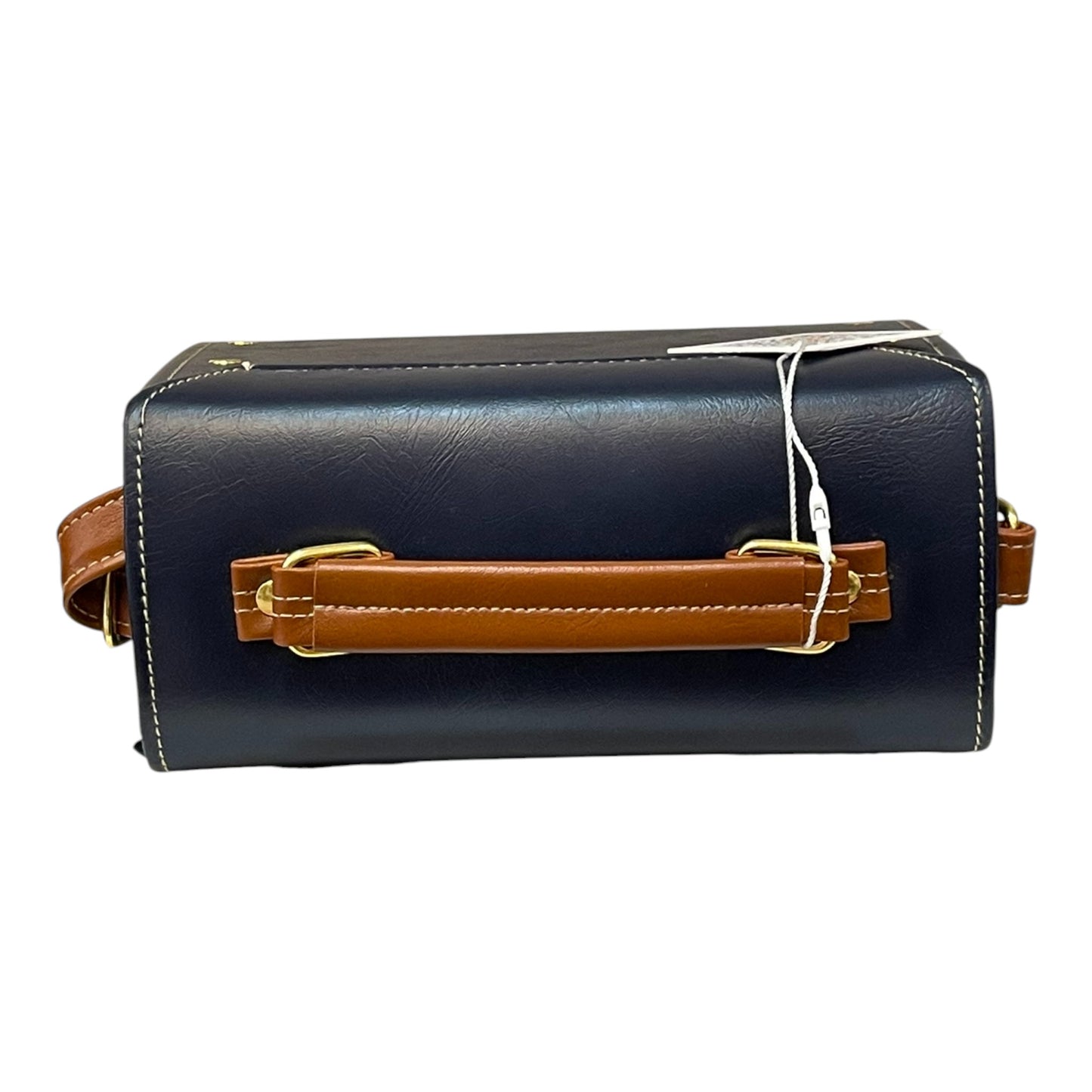 Handmade Vegan Leather Box Bag – Navy Blue & Caramel Brown with Gold Hardware (21x14x9 cm)