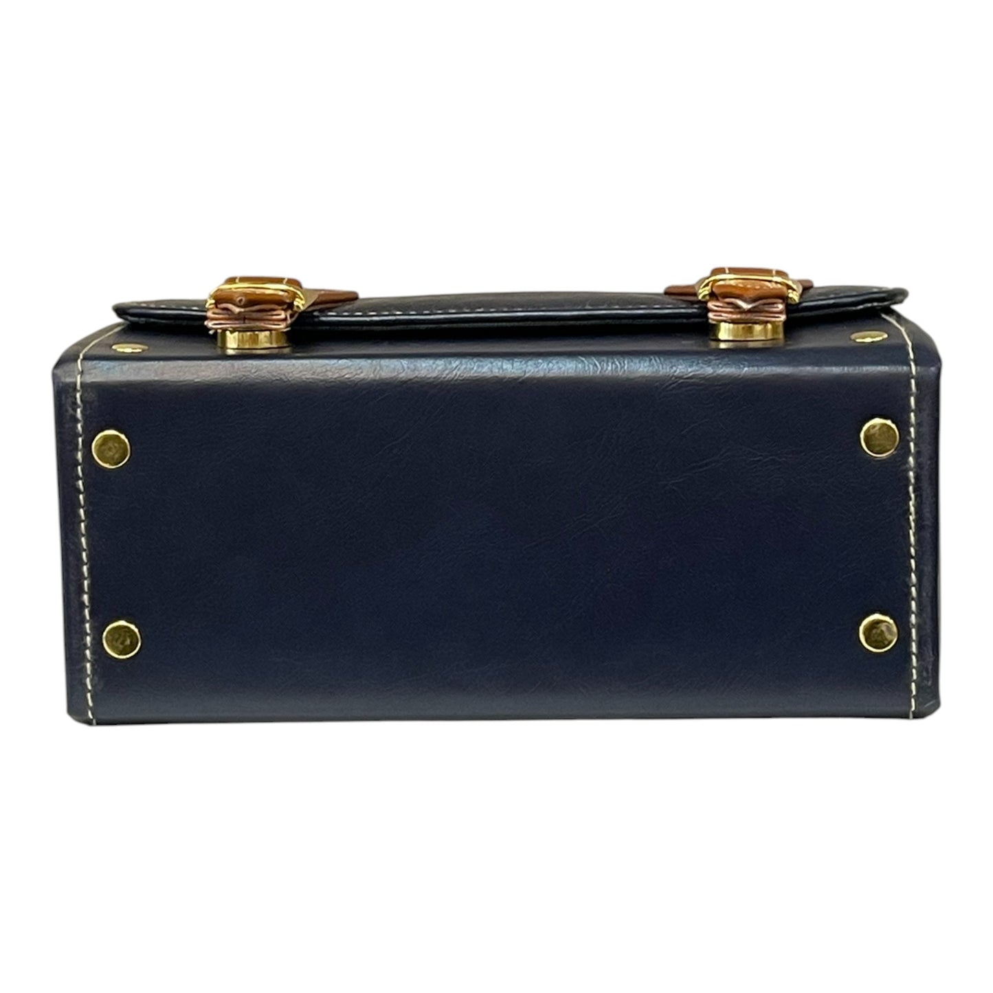 Handmade Vegan Leather Box Bag – Navy Blue & Caramel Brown with Gold Hardware (21x14x9 cm)