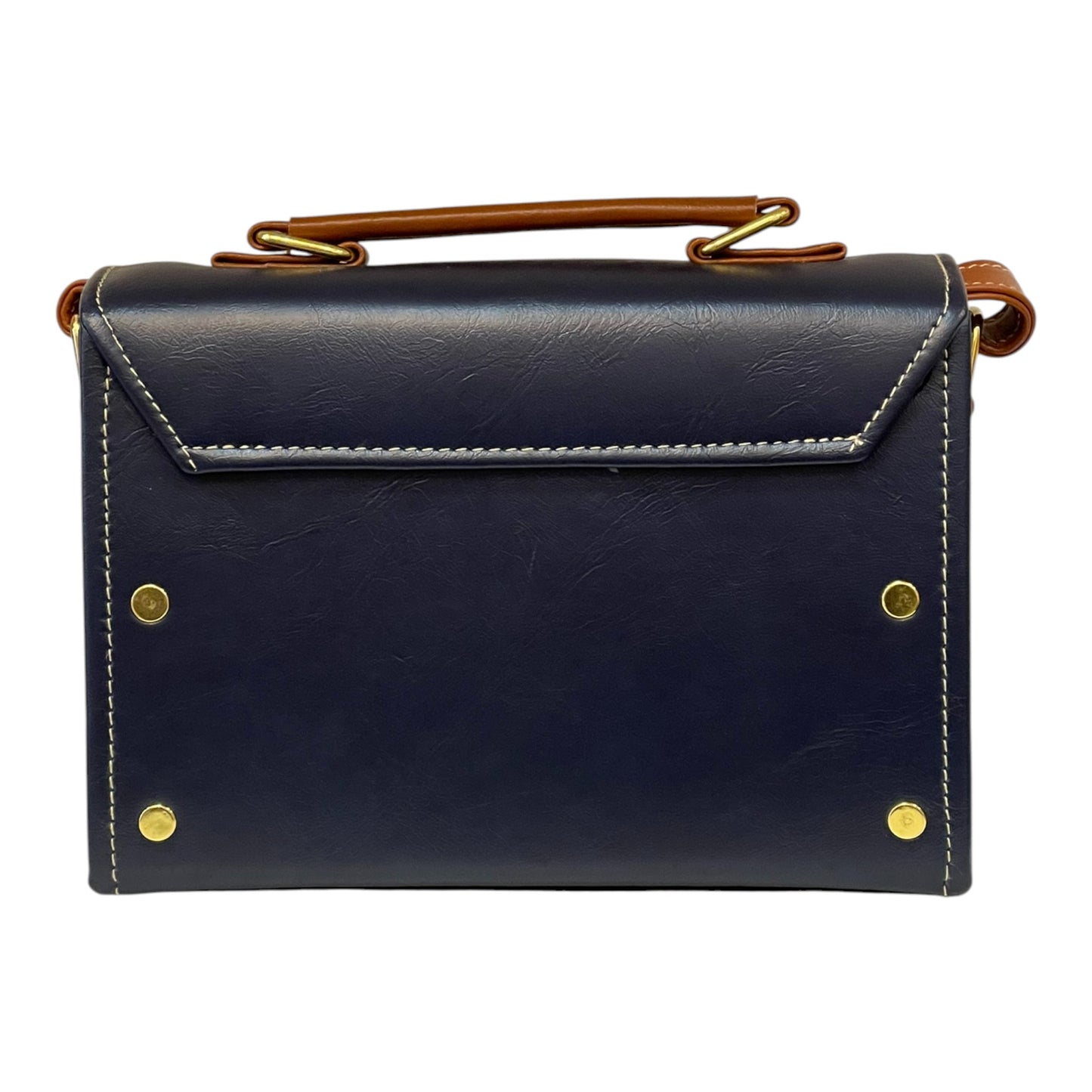 Handmade Vegan Leather Box Bag – Navy Blue & Caramel Brown with Gold Hardware (21x14x9 cm)