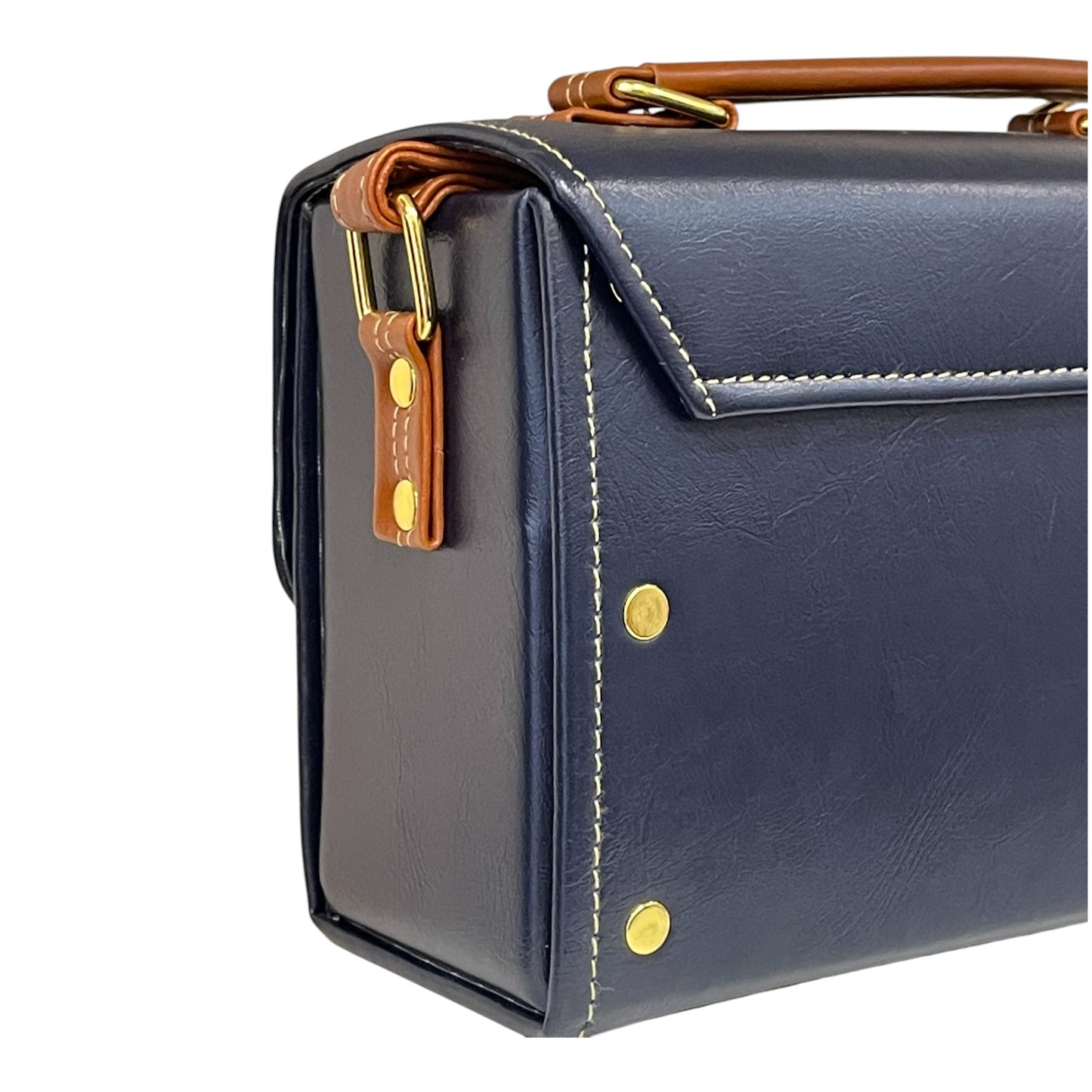 Handmade Vegan Leather Box Bag – Navy Blue & Caramel Brown with Gold Hardware (21x14x9 cm)