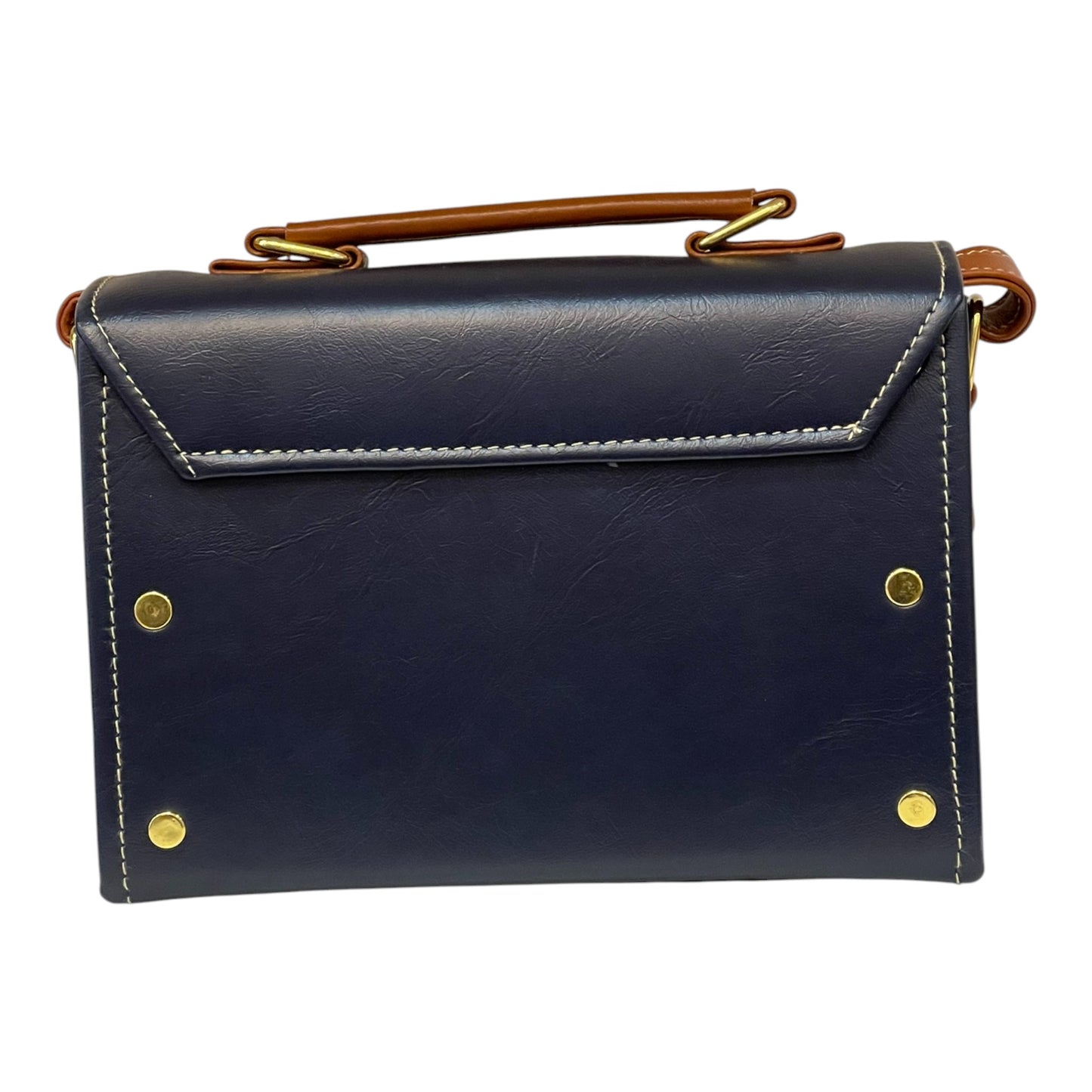 Handmade Vegan Leather Box Bag – Navy Blue & Caramel Brown with Gold Hardware (21x14x9 cm)