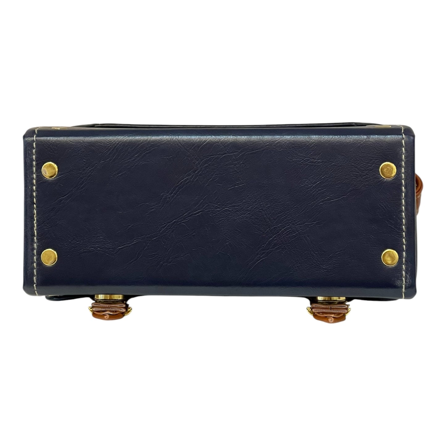 Handmade Vegan Leather Box Bag – Navy Blue & Caramel Brown with Gold Hardware (21x14x9 cm)