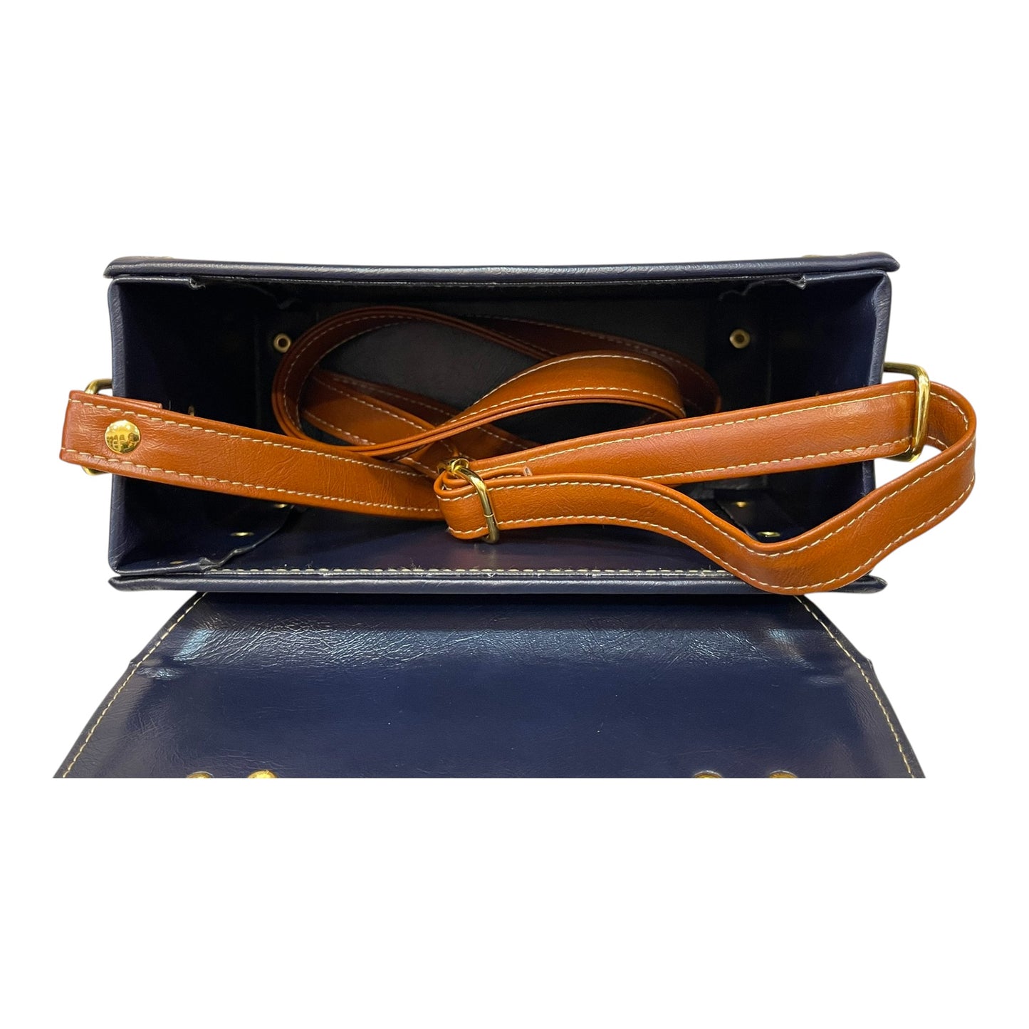 Handmade Vegan Leather Box Bag – Navy Blue & Caramel Brown with Gold Hardware (21x14x9 cm)