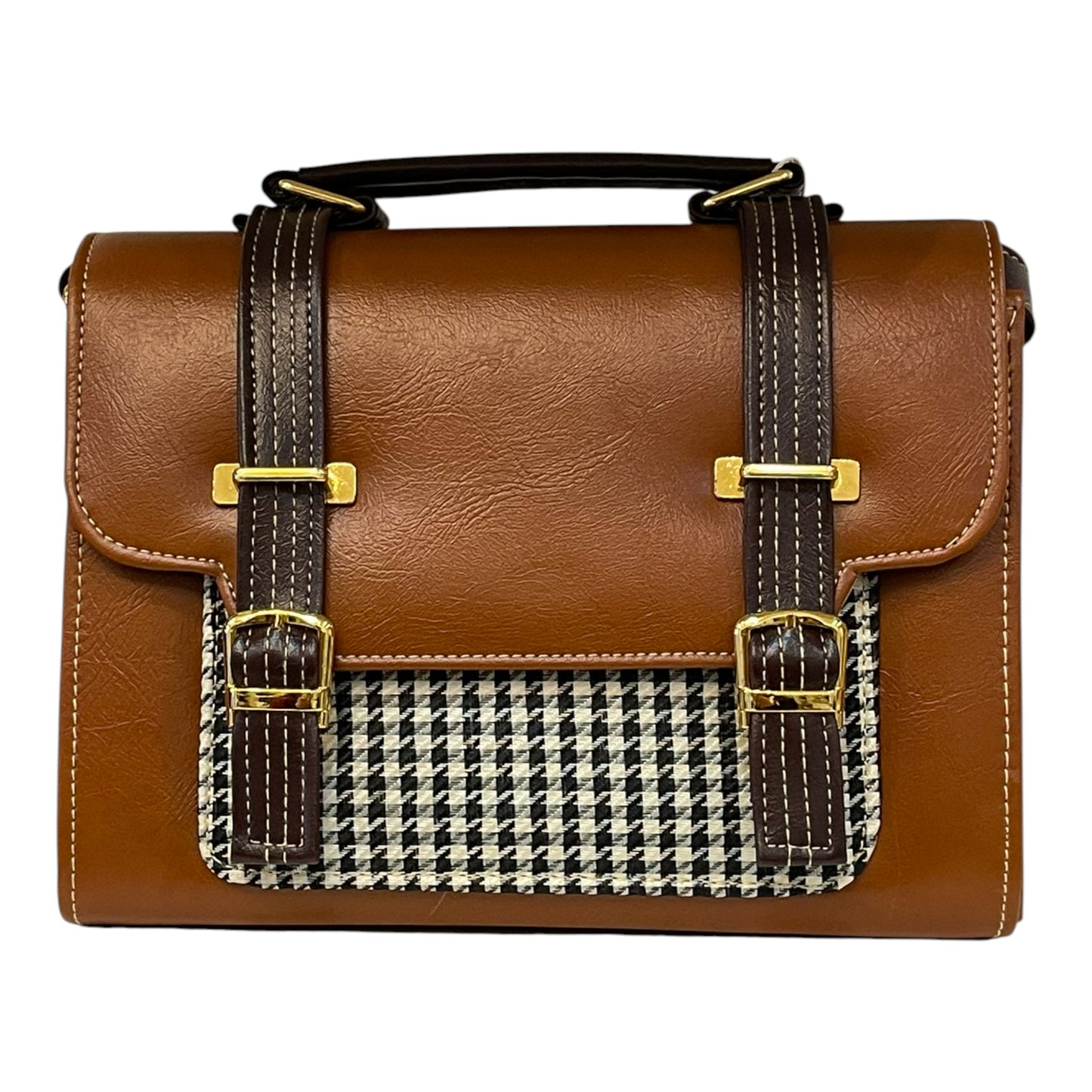 Handmade Vegan Leather Satchel Bag – Brown & Houndstooth Pattern with Gold Hardware | 23x16x10 cm