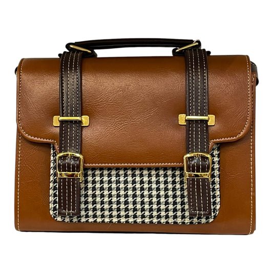 Handmade Vegan Leather Satchel Bag – Brown & Houndstooth Pattern with Gold Hardware | 23x16x10 cm