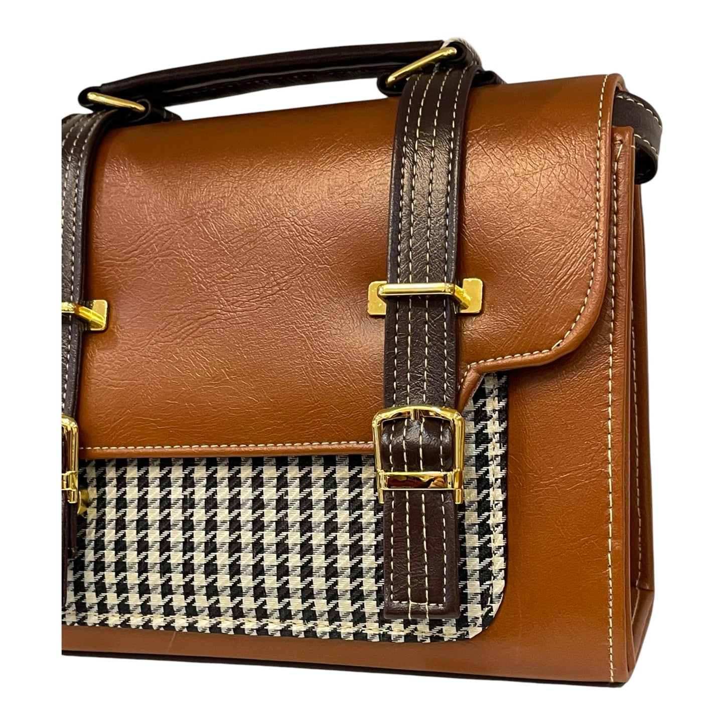 Handmade Vegan Leather Satchel Bag – Brown & Houndstooth Pattern with Gold Hardware | 23x16x10 cm