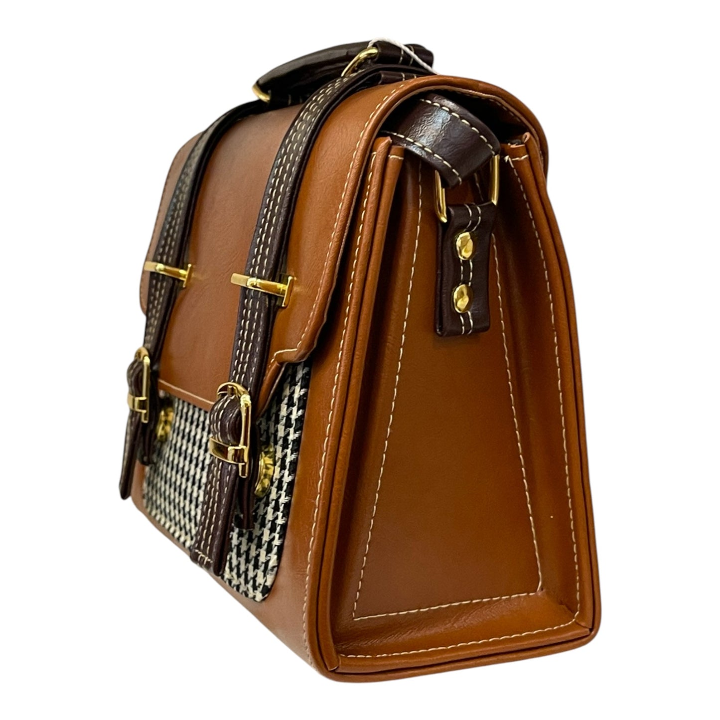 Handmade Vegan Leather Satchel Bag – Brown & Houndstooth Pattern with Gold Hardware | 23x16x10 cm