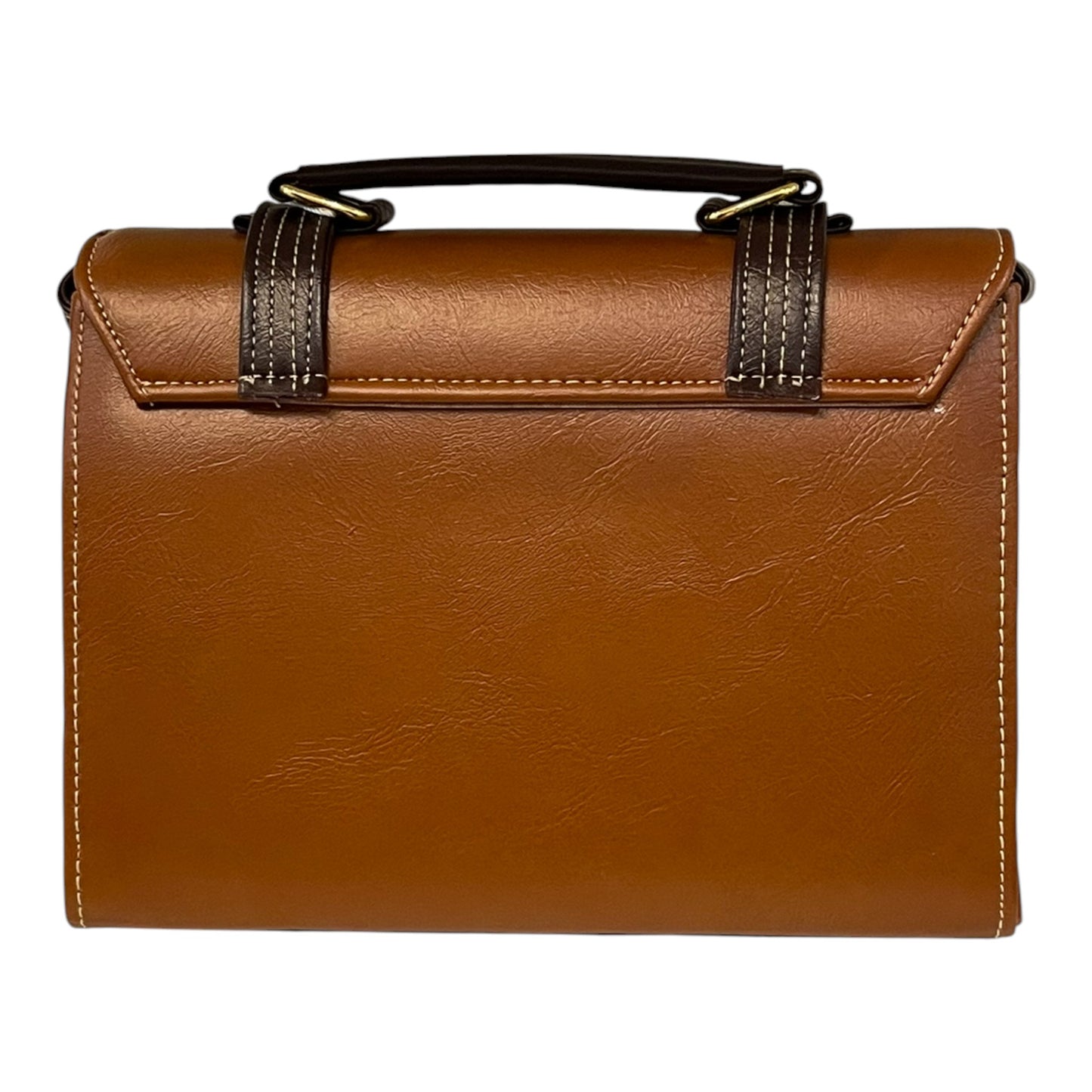 Handmade Vegan Leather Satchel Bag – Brown & Houndstooth Pattern with Gold Hardware | 23x16x10 cm