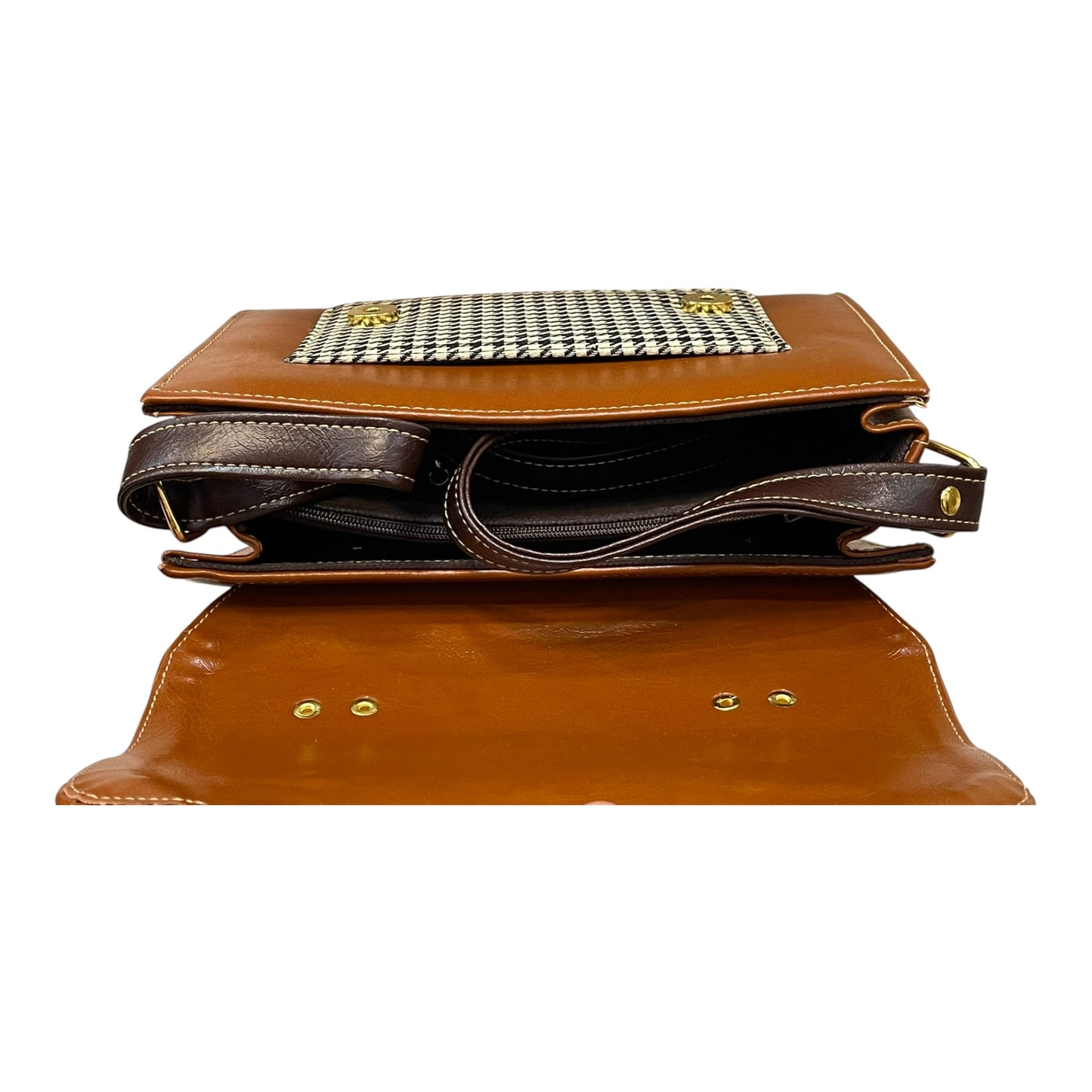 Handmade Vegan Leather Satchel Bag – Brown & Houndstooth Pattern with Gold Hardware | 23x16x10 cm