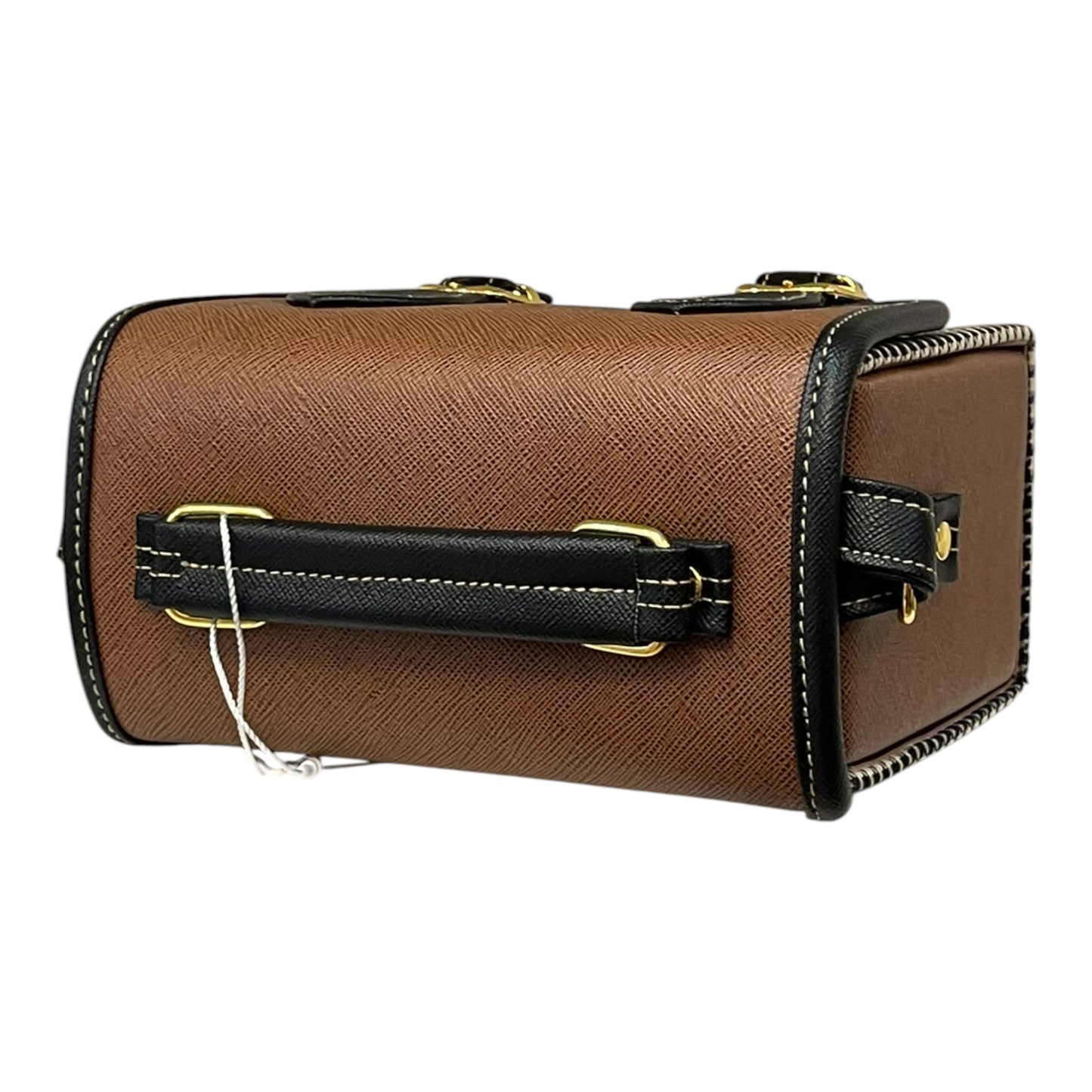 Handmade Vegan Leather Satchel Bag – Brown & Houndstooth, 21x14x9 cm | Vintage Crossbody Purse with Gold Accents