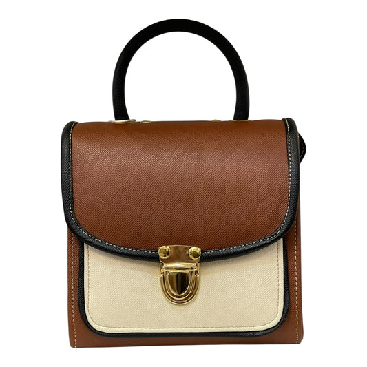 Handmade French Vegan Leather Handbag – Brown & Cream with Gold Clasp (16×16×9 cm)