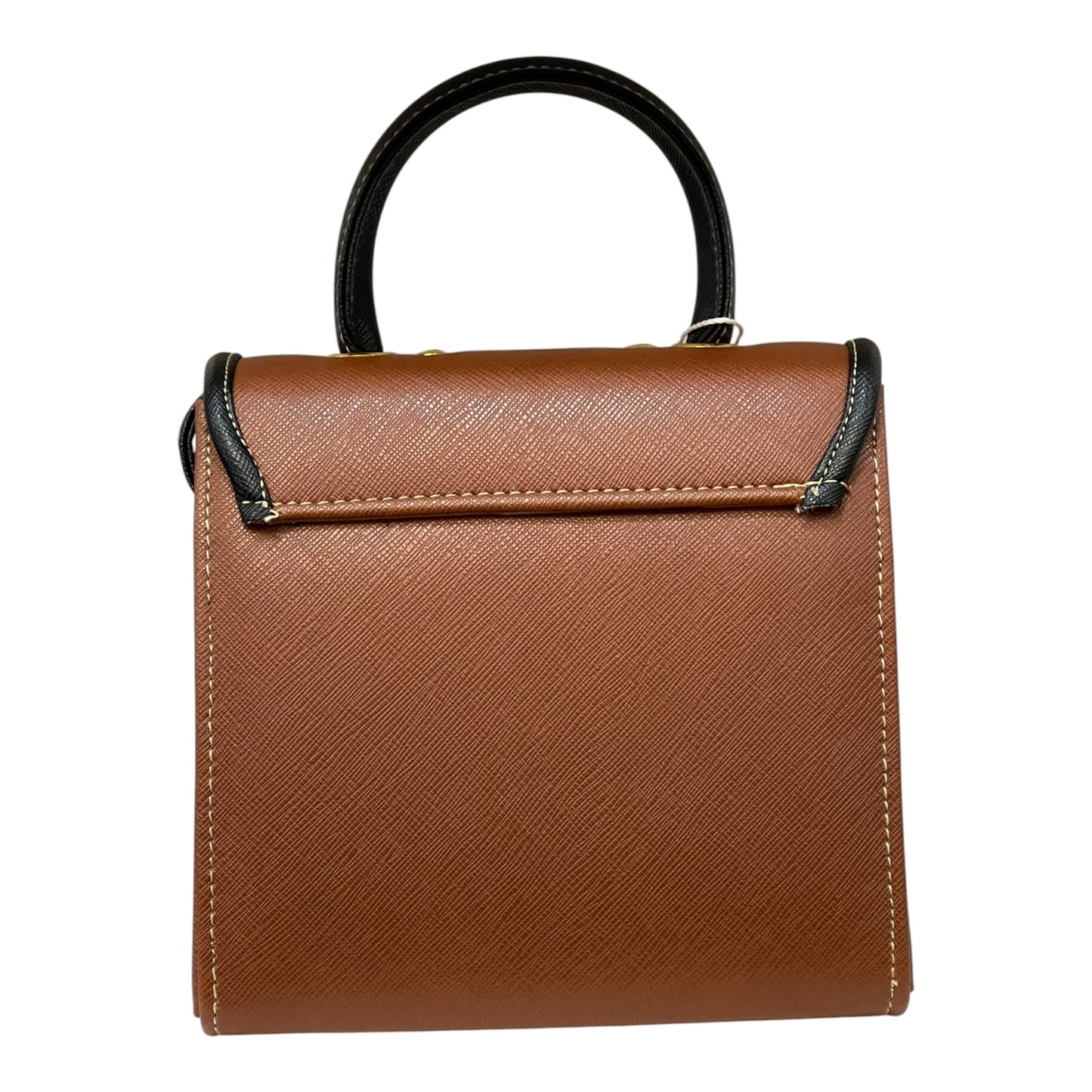 Handmade French Vegan Leather Handbag – Brown & Cream with Gold Clasp (16×16×9 cm)