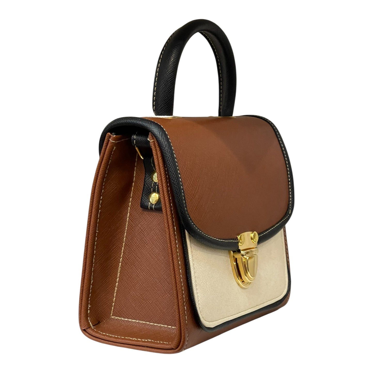 Handmade French Vegan Leather Handbag – Brown & Cream with Gold Clasp (16×16×9 cm)