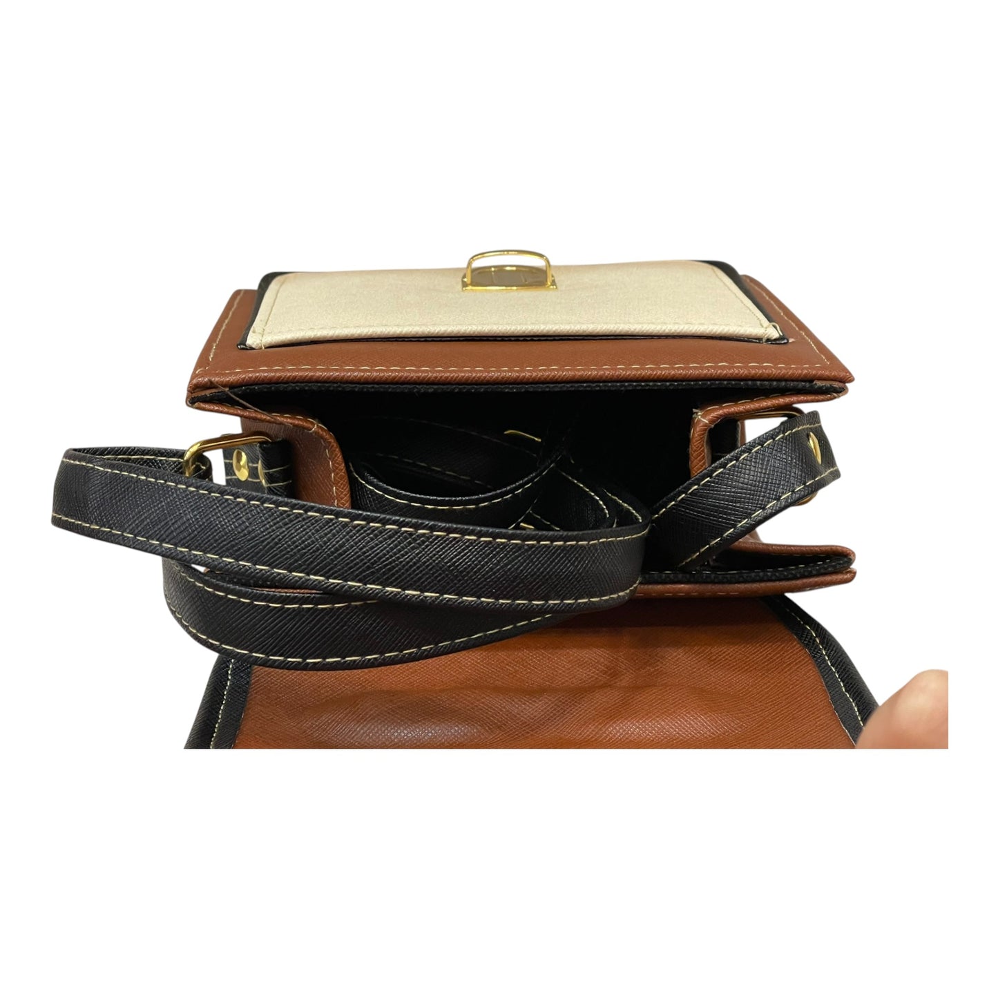 Handmade French Vegan Leather Handbag – Brown & Cream with Gold Clasp (16×16×9 cm)