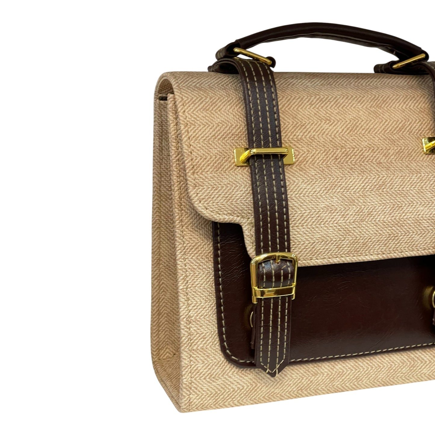 Handmade Vegan Leather & Canvas Satchel Bag – Beige and Dark Brown Vintage Design | 23x16x10 cm