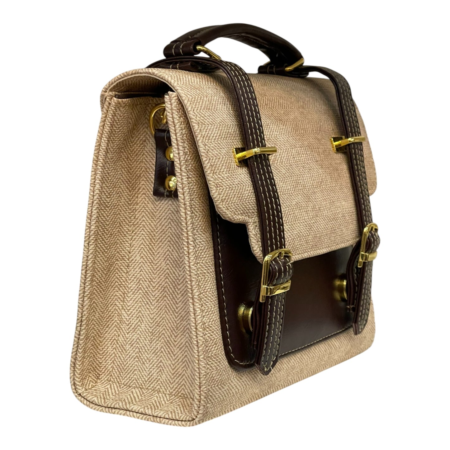 Handmade Vegan Leather & Canvas Satchel Bag – Beige and Dark Brown Vintage Design | 23x16x10 cm