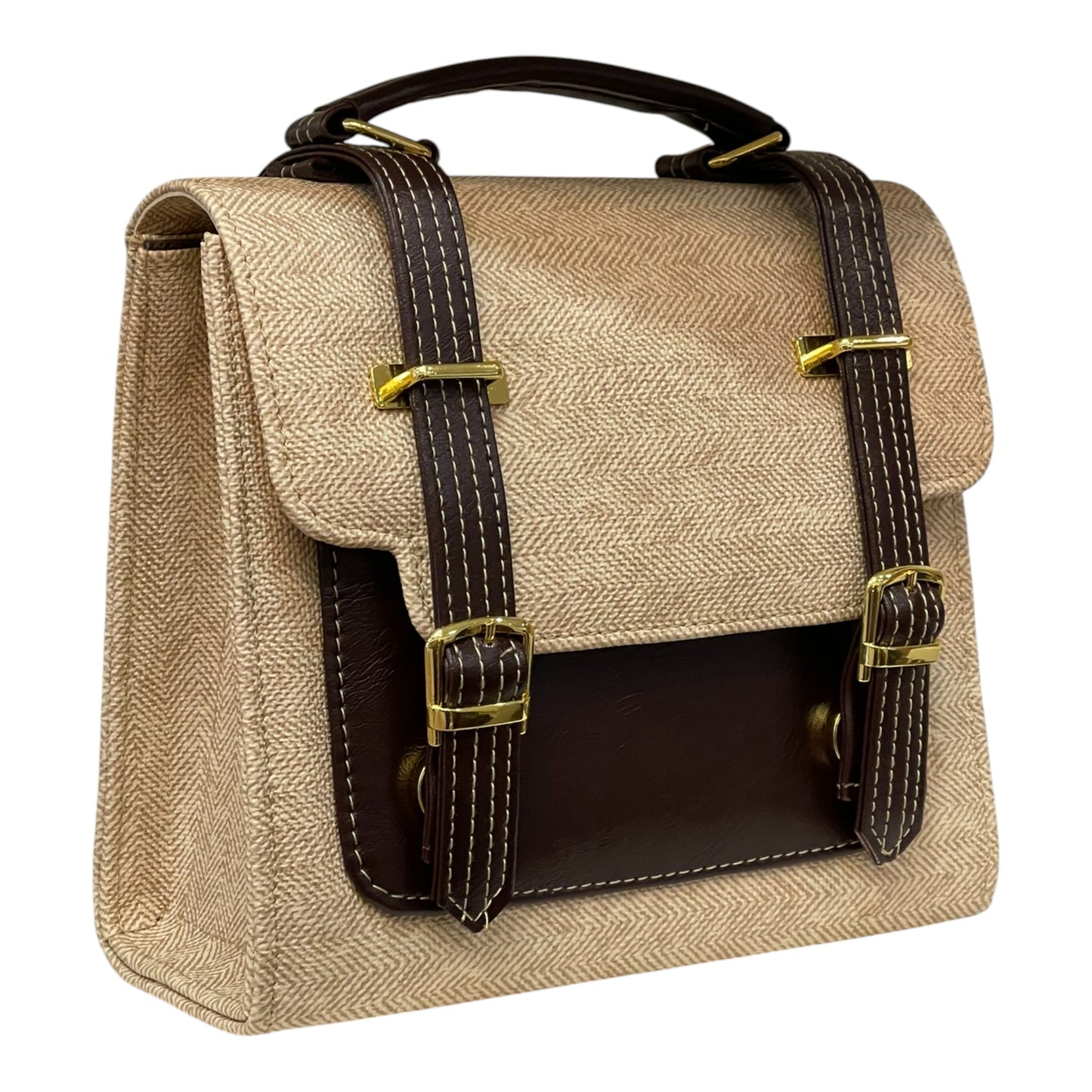 Handmade Vegan Leather & Canvas Satchel Bag – Beige and Dark Brown Vintage Design | 23x16x10 cm
