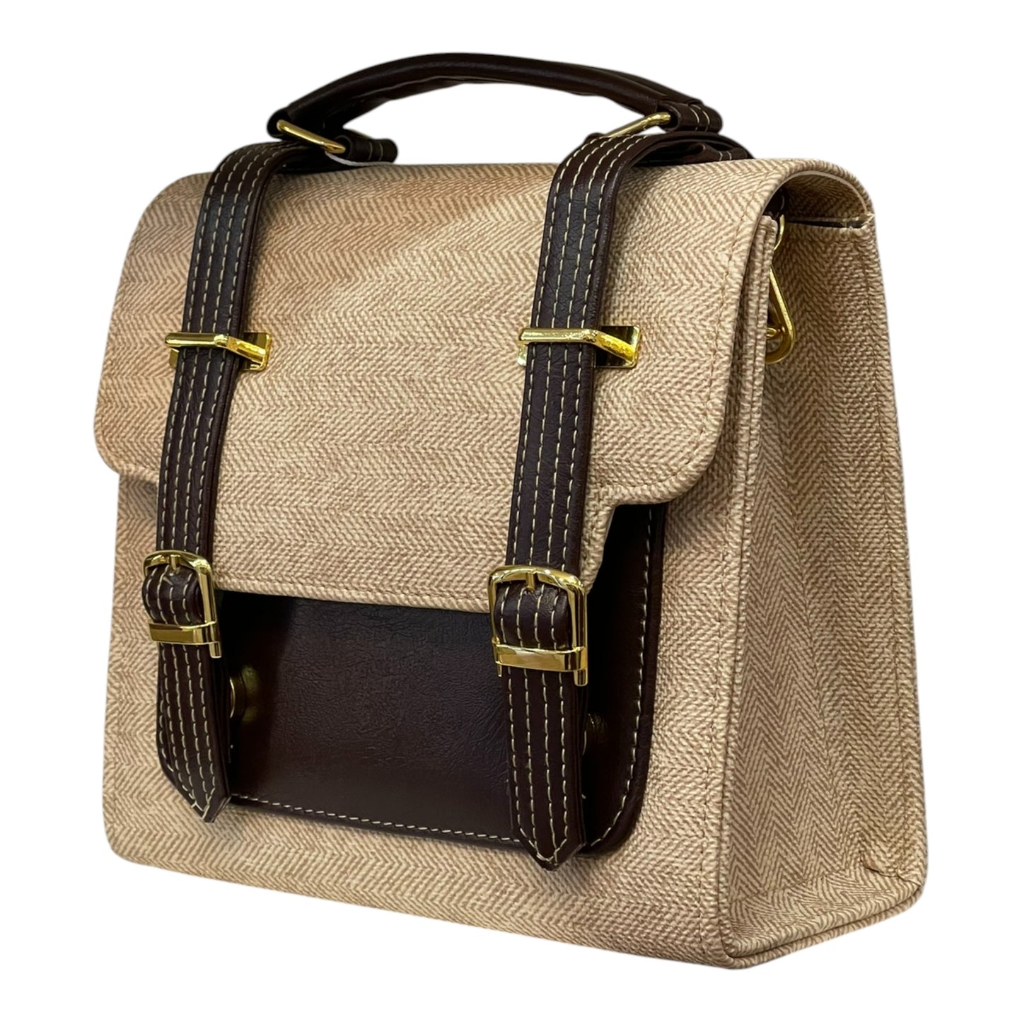 Handmade Vegan Leather & Canvas Satchel Bag – Beige and Dark Brown Vintage Design | 23x16x10 cm