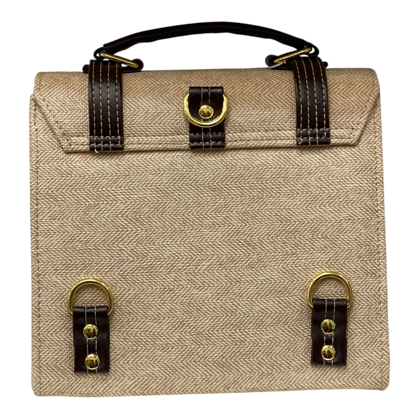 Handmade Vegan Leather & Canvas Satchel Bag – Beige and Dark Brown Vintage Design | 23x16x10 cm