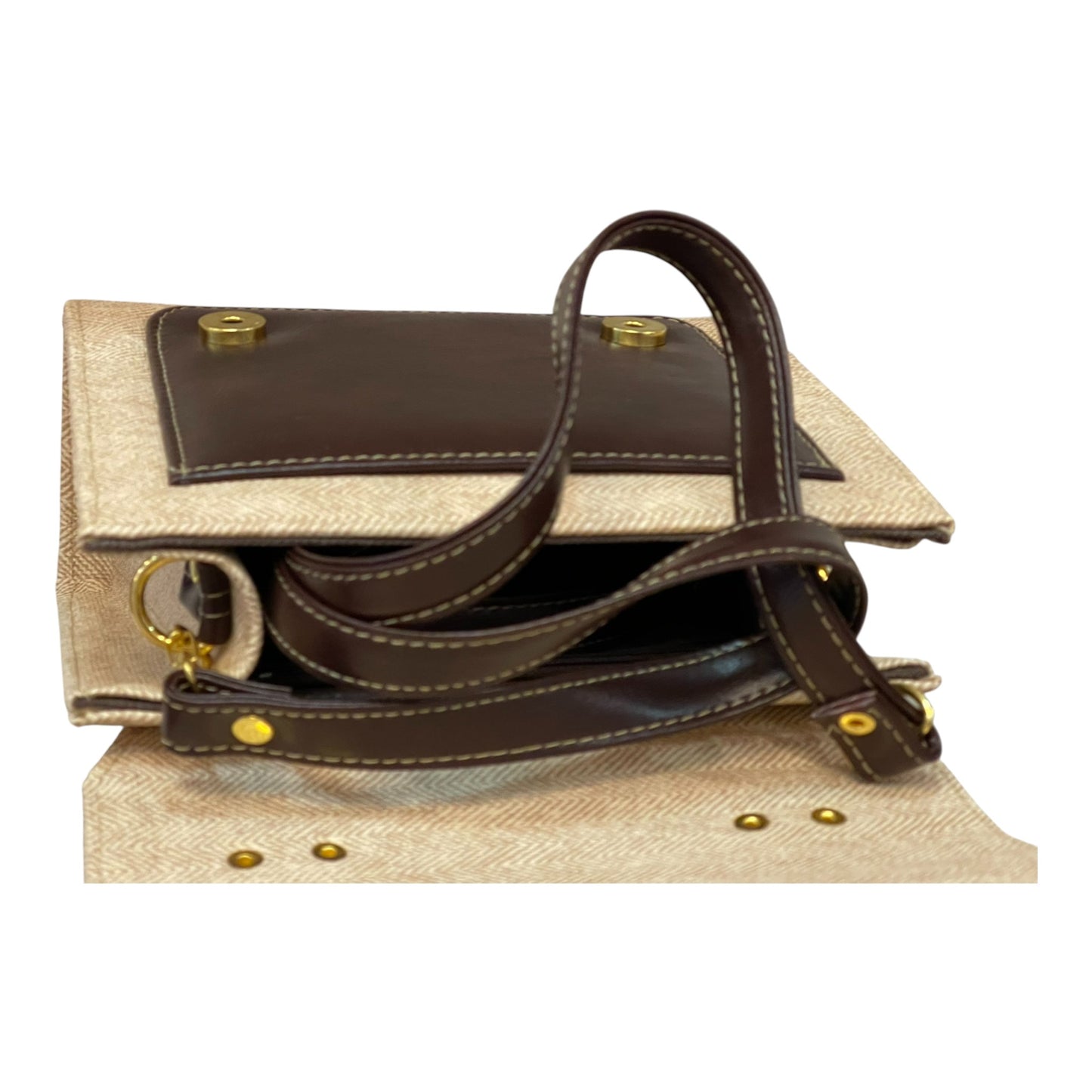 Handmade Vegan Leather & Canvas Satchel Bag – Beige and Dark Brown Vintage Design | 23x16x10 cm