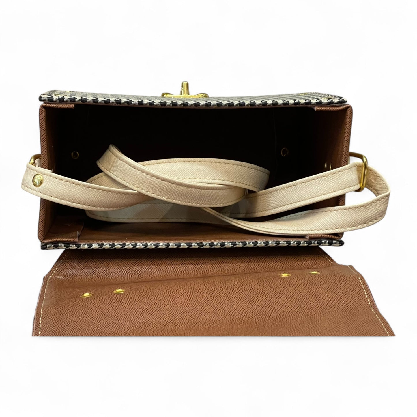 Handmade French Vegan Leather Handbag – Brown & Houndstooth with Cream Straps (21×14×9 cm)